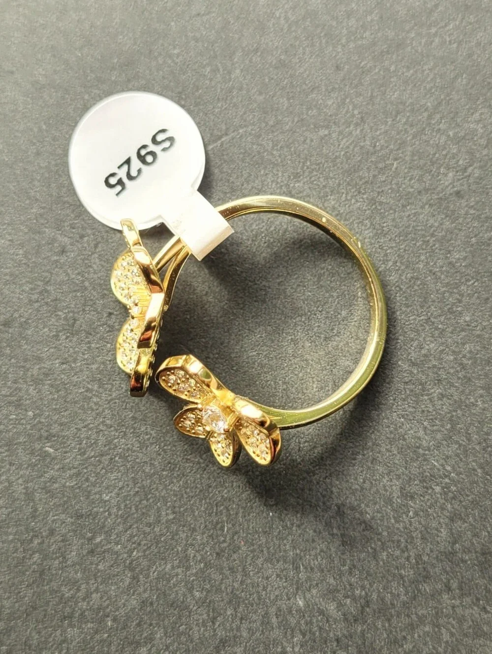 S925 Sterling Silver 18K Gold Plated Double Clover Flower Open Bypass Ring — CZ